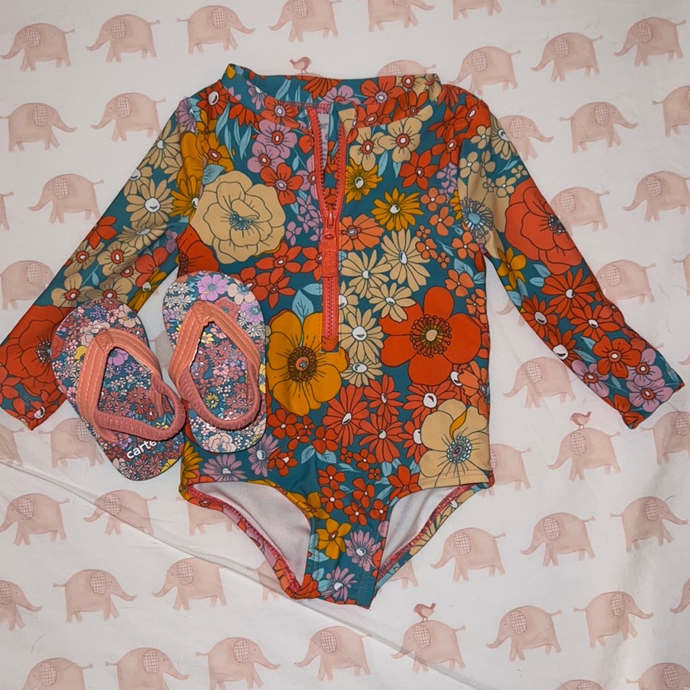 Carter’s baby floral print swimsuit one piece long sleeve, matching flip flops